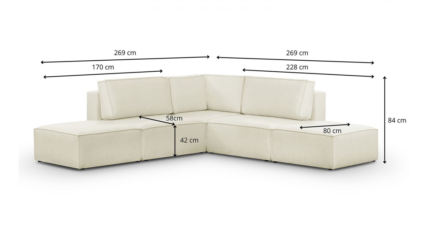 Canapé d'angle à droite modulable 4 places avec 2 poufs en tissu bouclé écru - Harper Mod