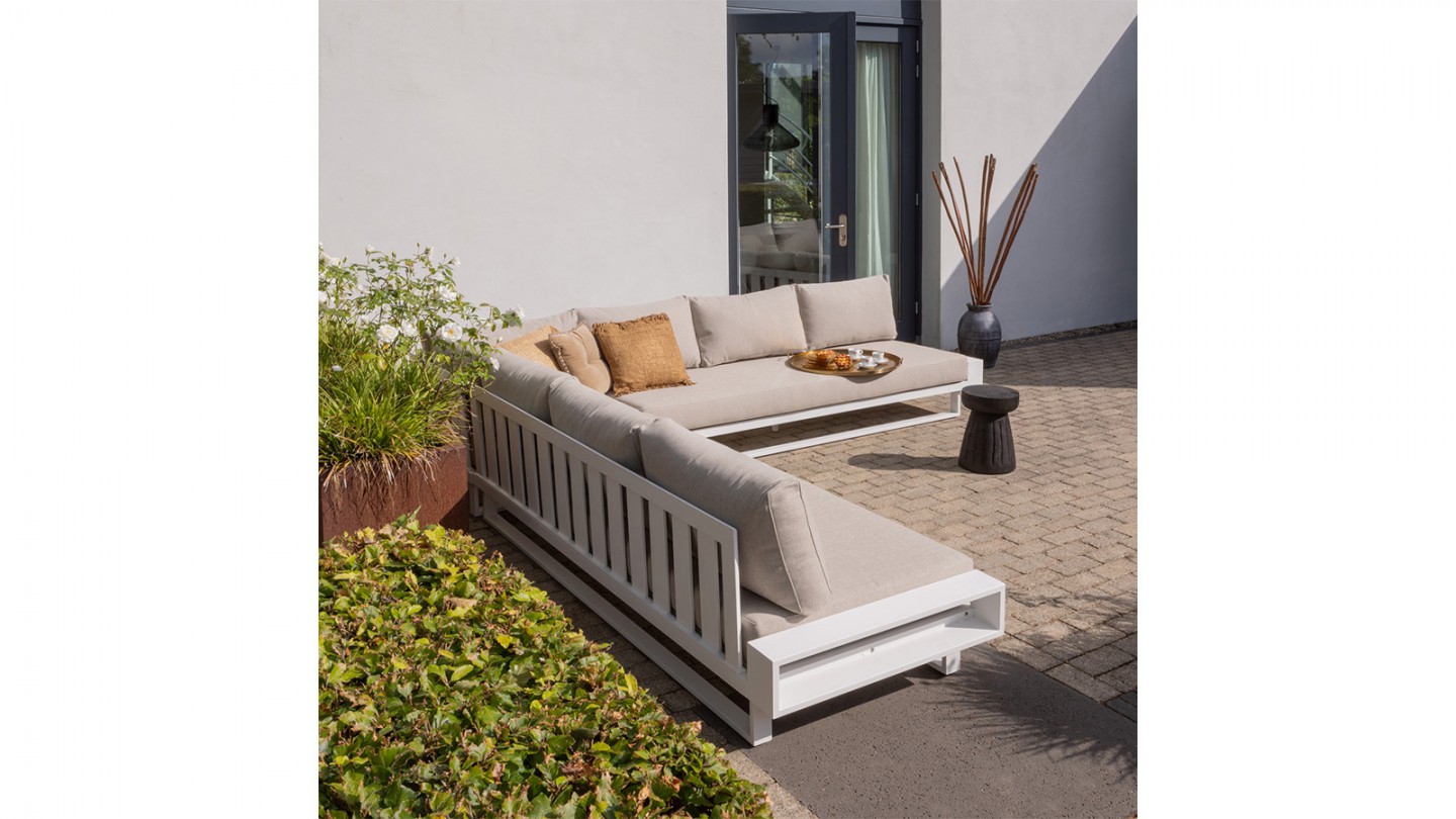 Canapé de jardin d'angle en aluminium blanc et coussins couleur sable 308 cm - Flint