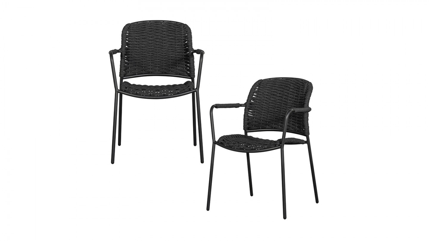 Lot de 2 chaises de jardin avec accoudoirs en corde et aluminium noir - Taku