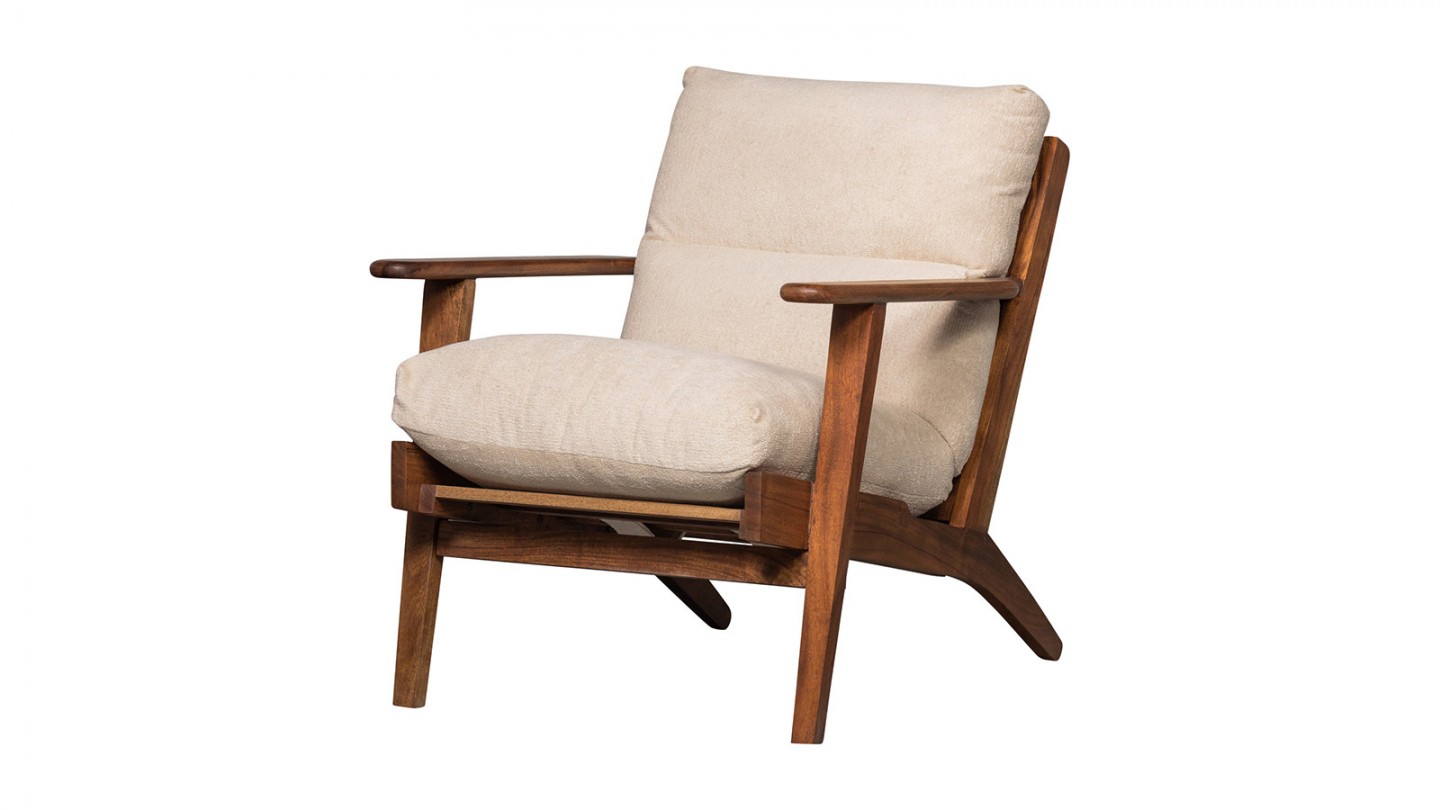 Fauteuil en bois massif et tissu bouclé écru - Houston