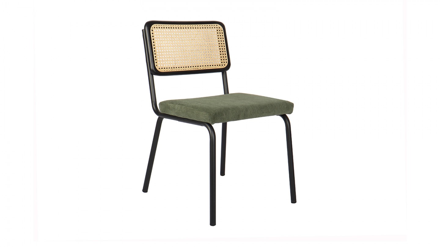 Lot de 2 chaises en cannage velours côtelé vert et métal noir - Paula