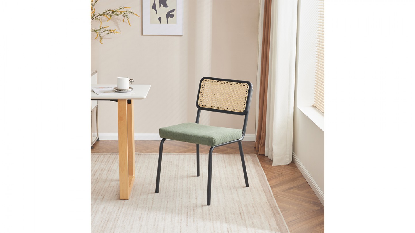 Lot de 2 chaises en cannage velours côtelé vert et métal noir - Paula