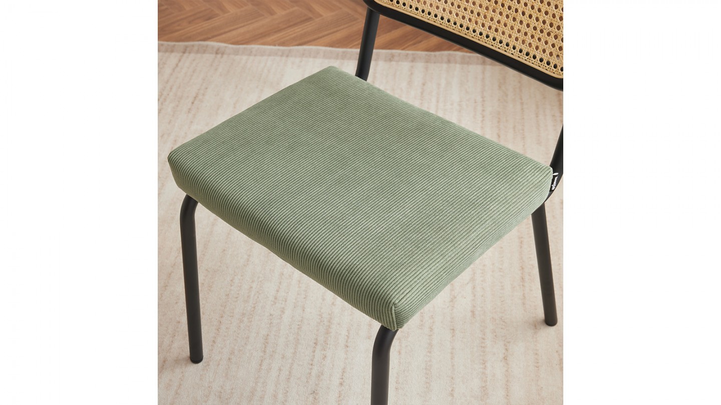 Lot de 2 chaises en cannage velours côtelé vert et métal noir - Paula