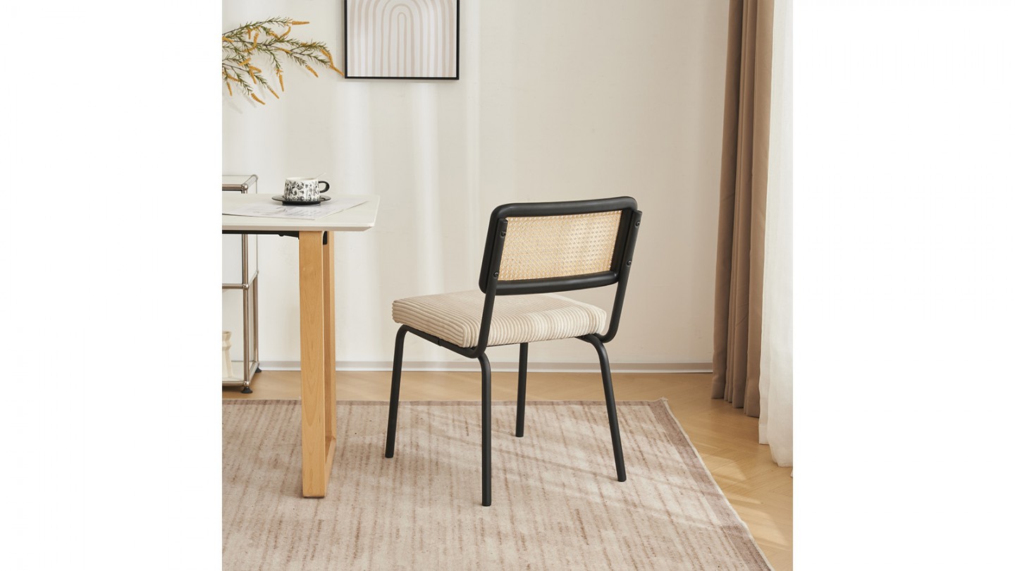 Lot de 2 chaises en cannage velours côtelé beige et métal noir - Paula