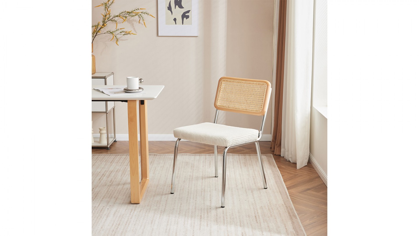 Lot de 2 chaises en acier chromé, cannage naturel et velours côtelé beige - Paula