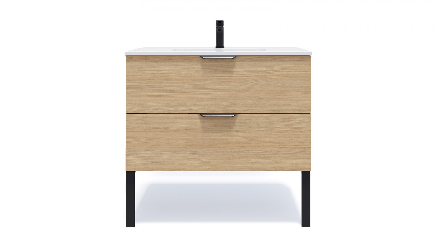 Meuble de salle de bains 90 cm Chêne clair - 2 tiroirs - simple vasque - Loft