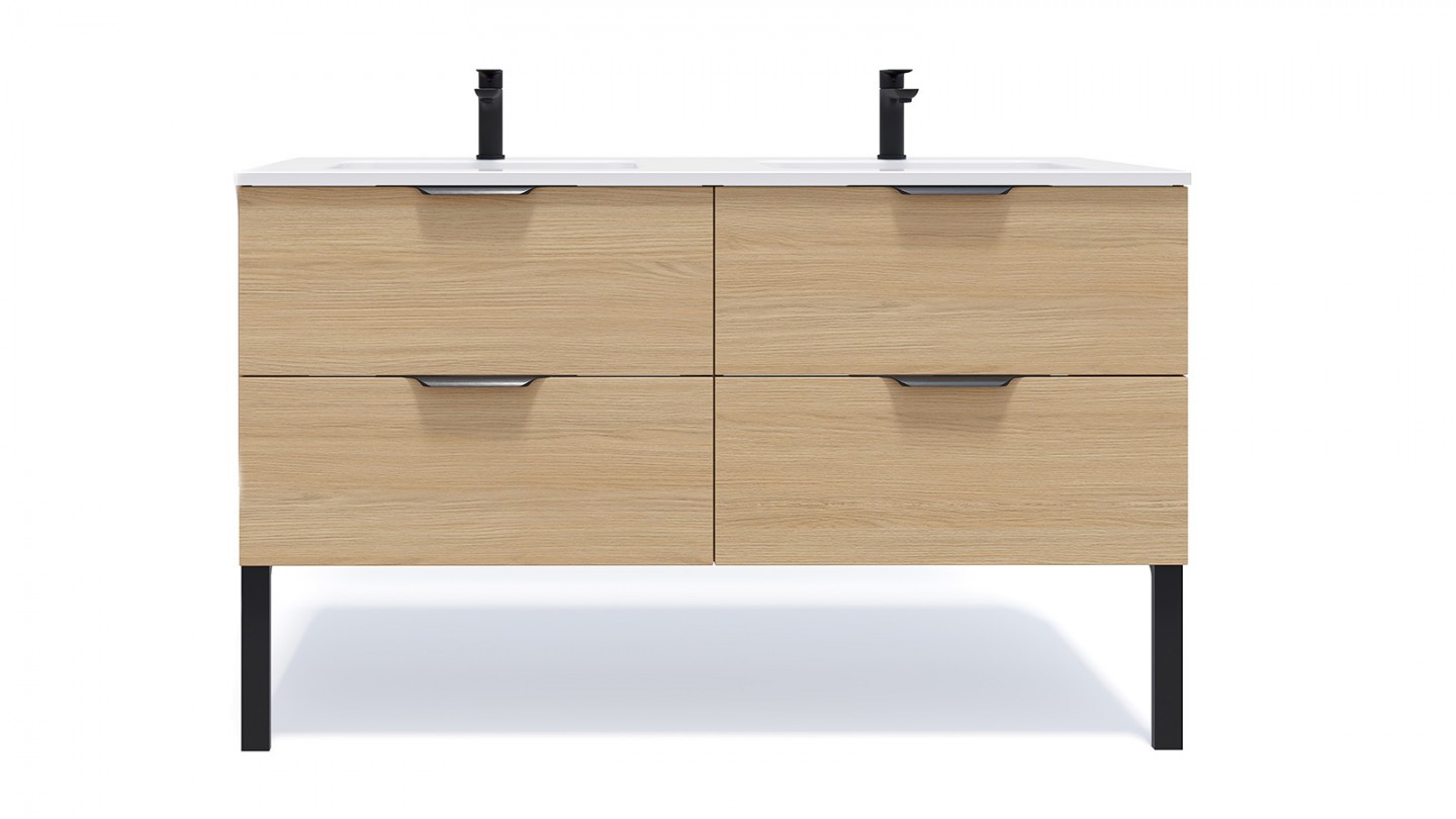 Meuble de salle de bains 140 cm Chêne clair - 4 tiroirs - double vasque - Loft