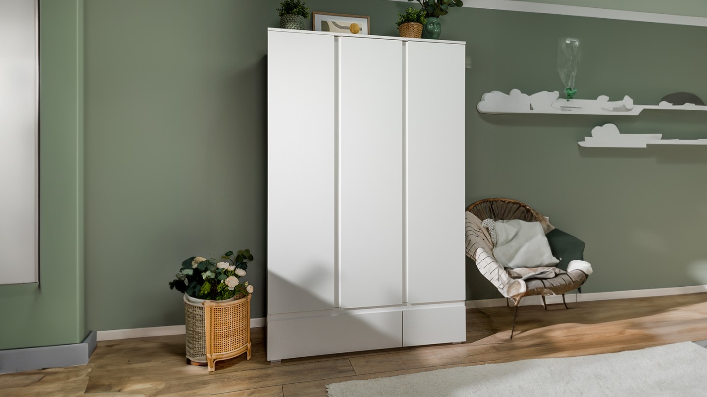 Armoire 3 portes 2 tiroirs blanche 122 cm - Medea