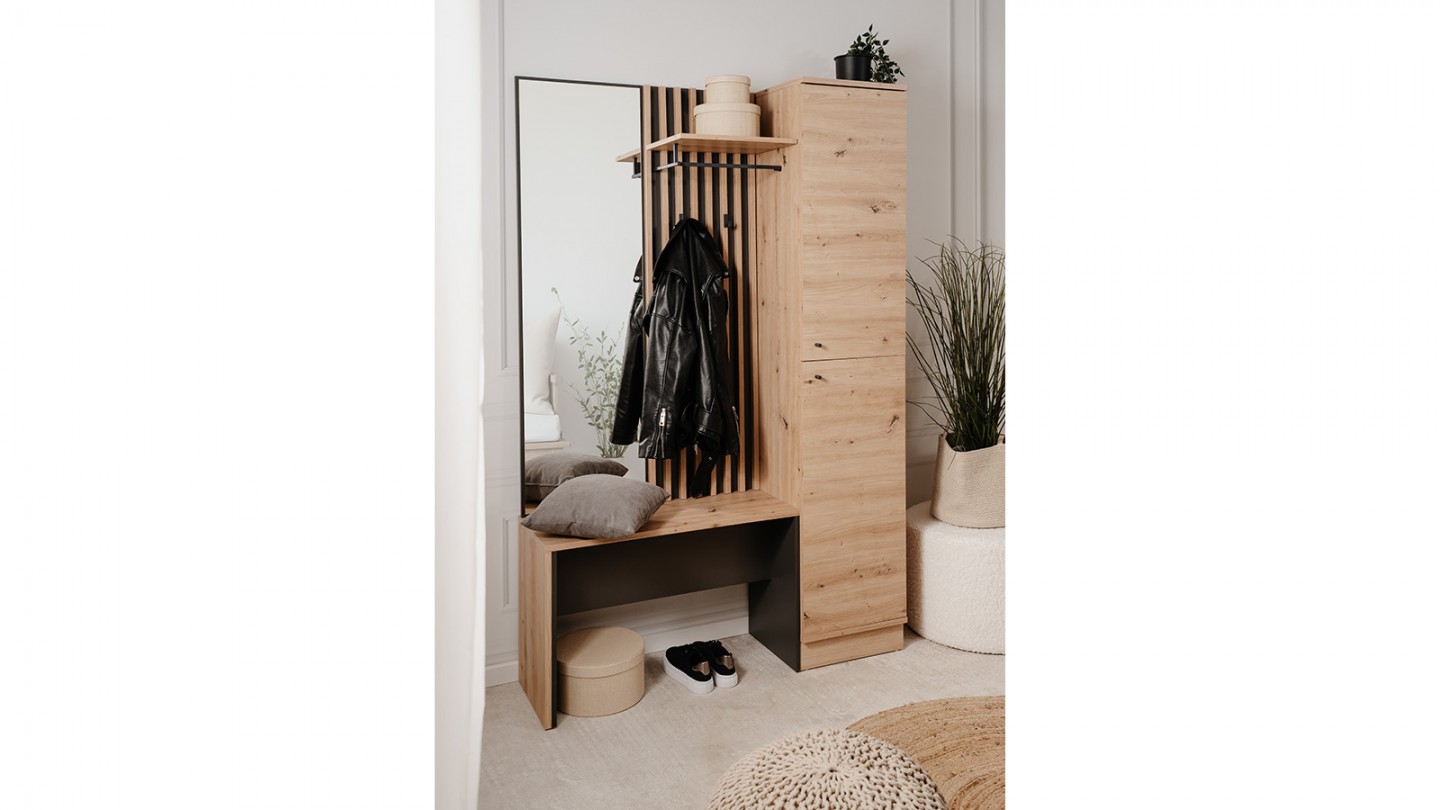 Vestiaire 2 portes avec miroir effet chêne et gris anthracite 122 cm - Flavia