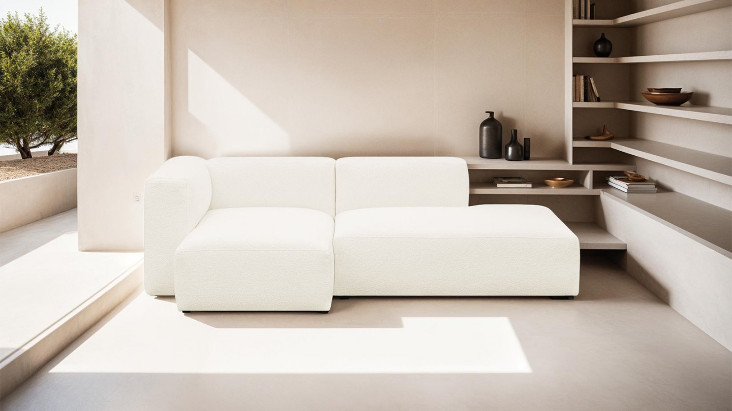 Canapé d'angle à gauche modulable avec méridienne 3/4 places en tissu bouclette écru - Modulo Canapé d'angle à gauche modulable avec méridienne 3/4 places en tissu bouclette écru - Modulo