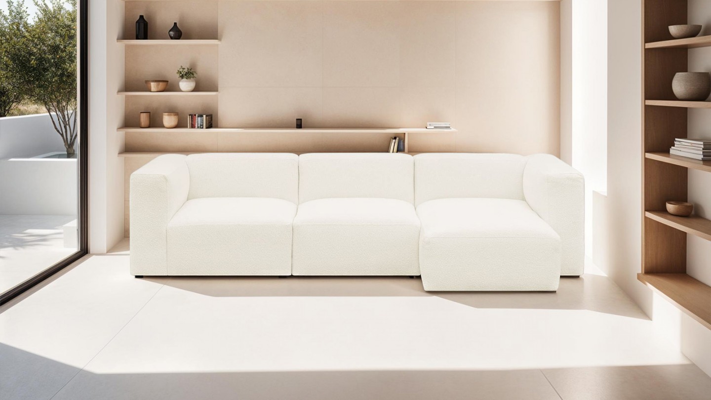 Canapé d'angle à droite modulable avec méridienne 4 places en tissu bouclette écru - Modulo Canapé d'angle à droite modulable avec méridienne 4 places en tissu bouclette écru - Modulo