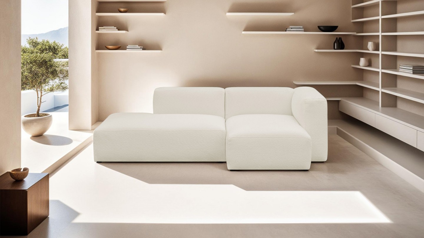 Canapé d'angle à droite modulable avec méridienne 3/4 places en tissu bouclette écru - Modulo Canapé d'angle à droite modulable avec méridienne 3/4 places en tissu bouclette écru - Modulo