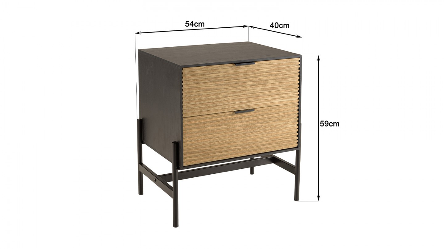 Table de chevet noire en bois rainuré 2 tiroirs- Charlie