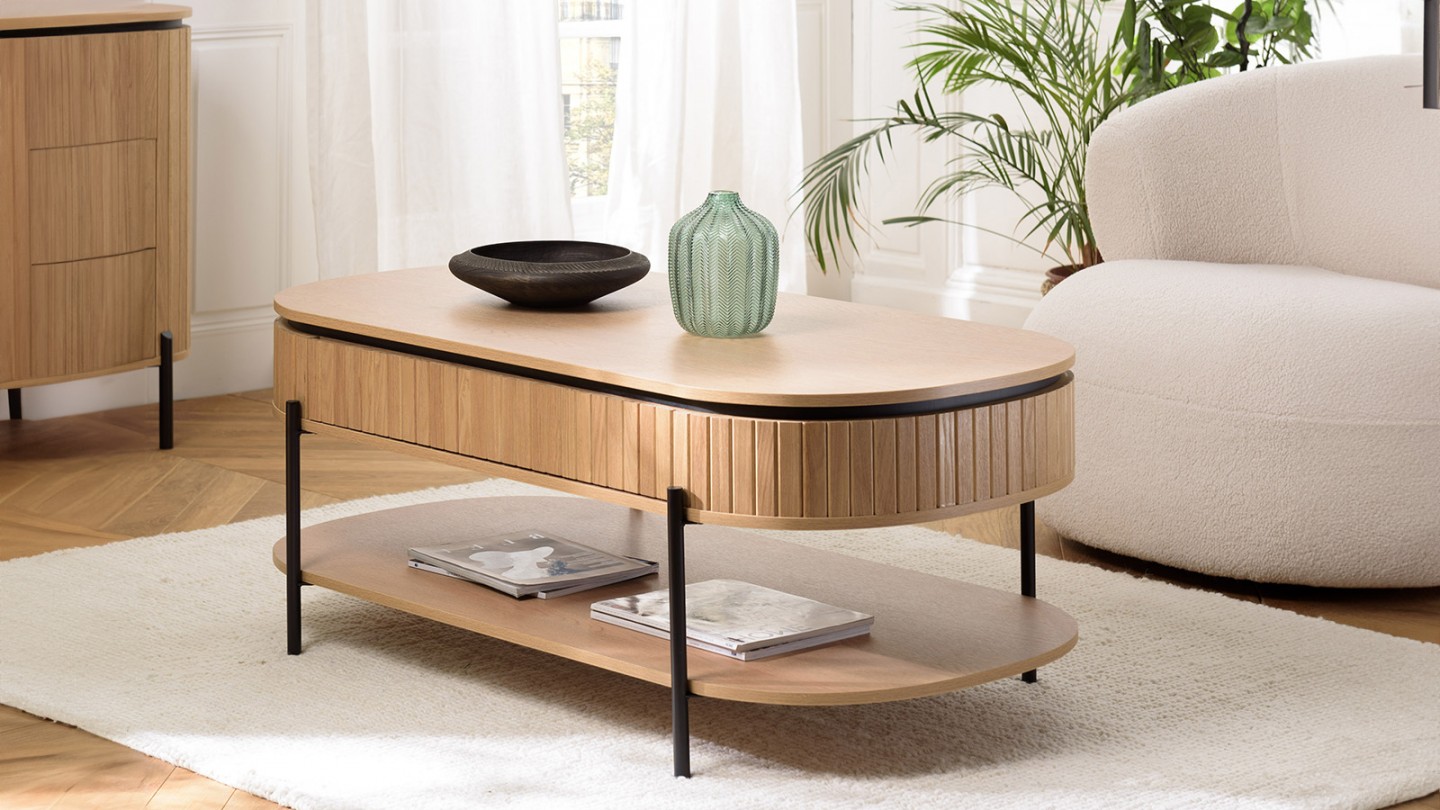 Table basse ovale 121 cm en bois rainuré - Charlie