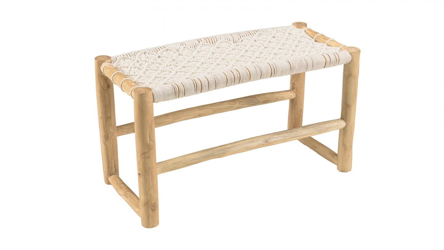 Banc en teck naturel assise en macramé blanc 80 cm - Will