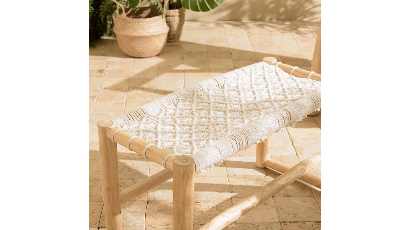 Banc en teck naturel assise en macramé blanc 80 cm - Will