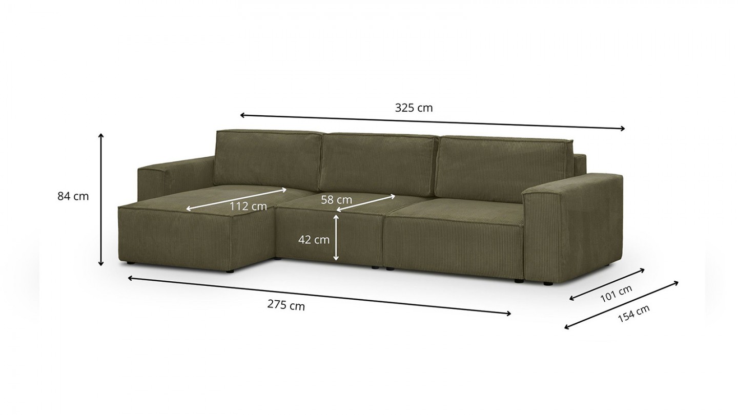 Canapé d'angle modulable 5 places en velours côtelé vert kaki - Harper Mod