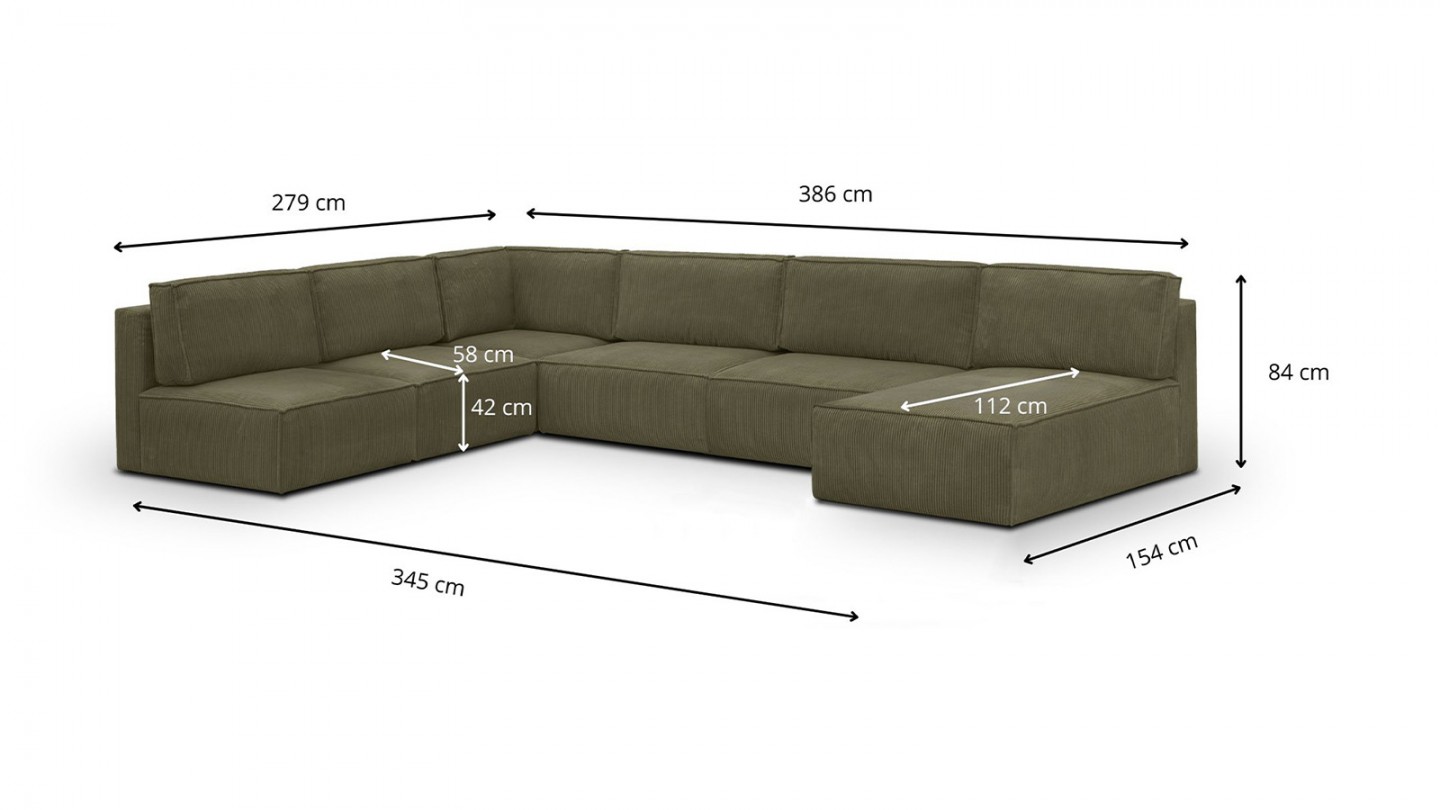 Canapé d'angle à droite panoramique modulable convertible 9/10 places en velours côtelé vert kaki - Harper Mod
