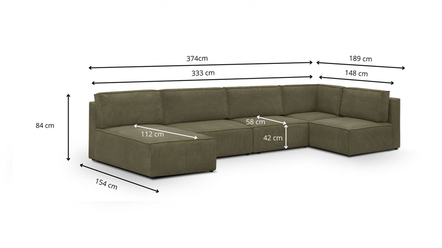 Canapé d'angle à gauche panoramique modulable 7/8 places en velours côtelé vert kaki - Harper Mod