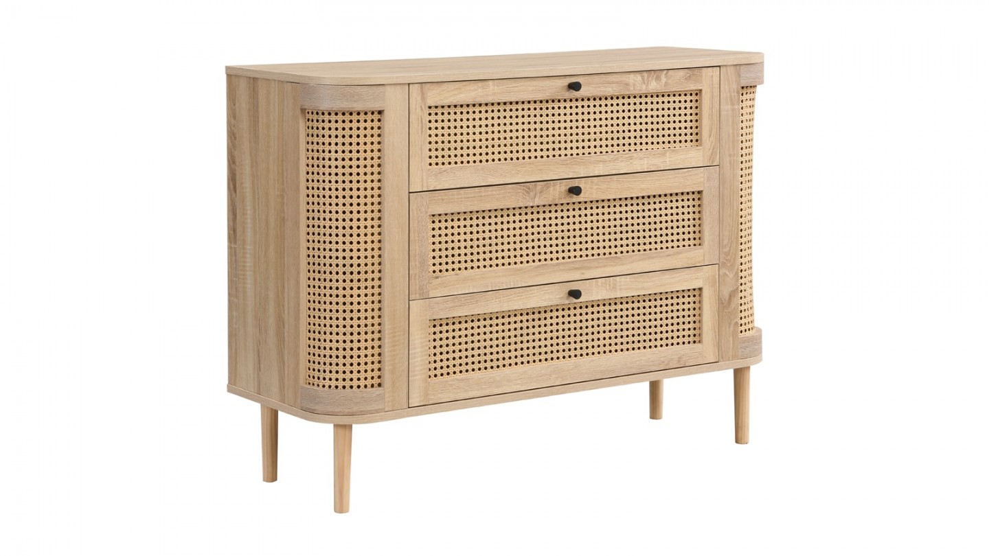 Commode 3 tiroirs couleur chêne et cannage 105 cm - Bali