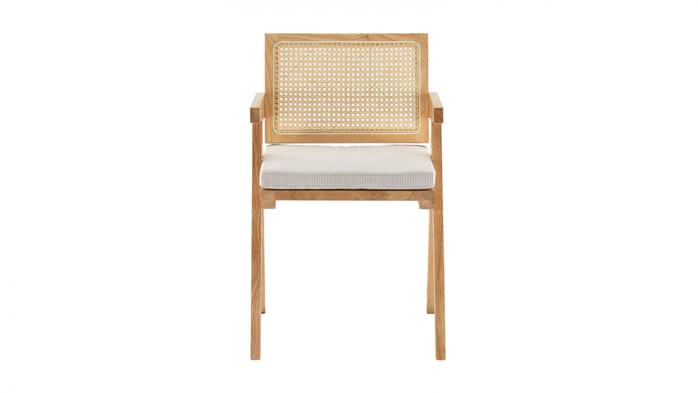 Chaise en bois massif, cannage naturel et velours côtelé beige - Lina