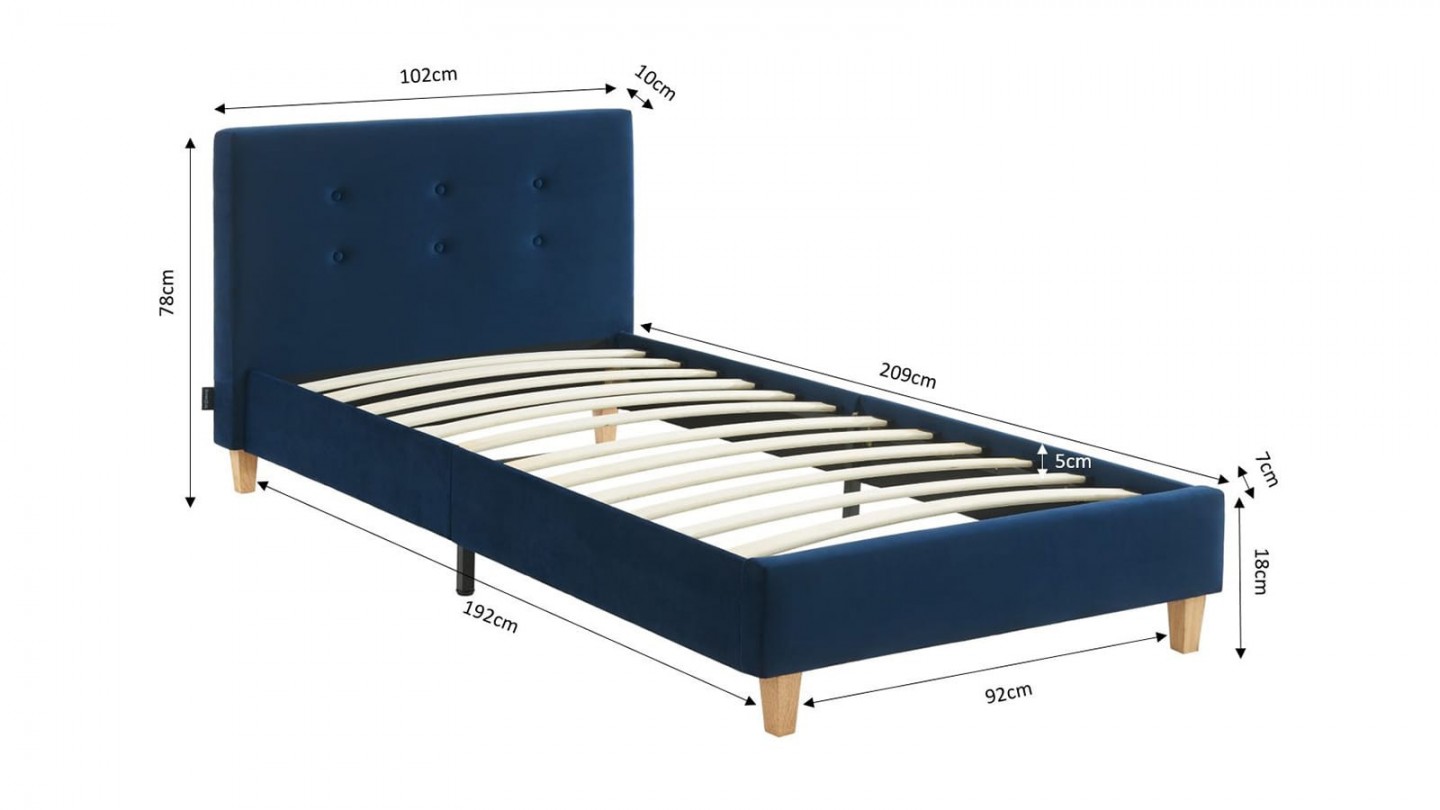 Ensemble lit 90x190 en velours bleu foncé Milo + Matelas Hybride à ressorts ensachés et mémoire de forme - Spring Elite