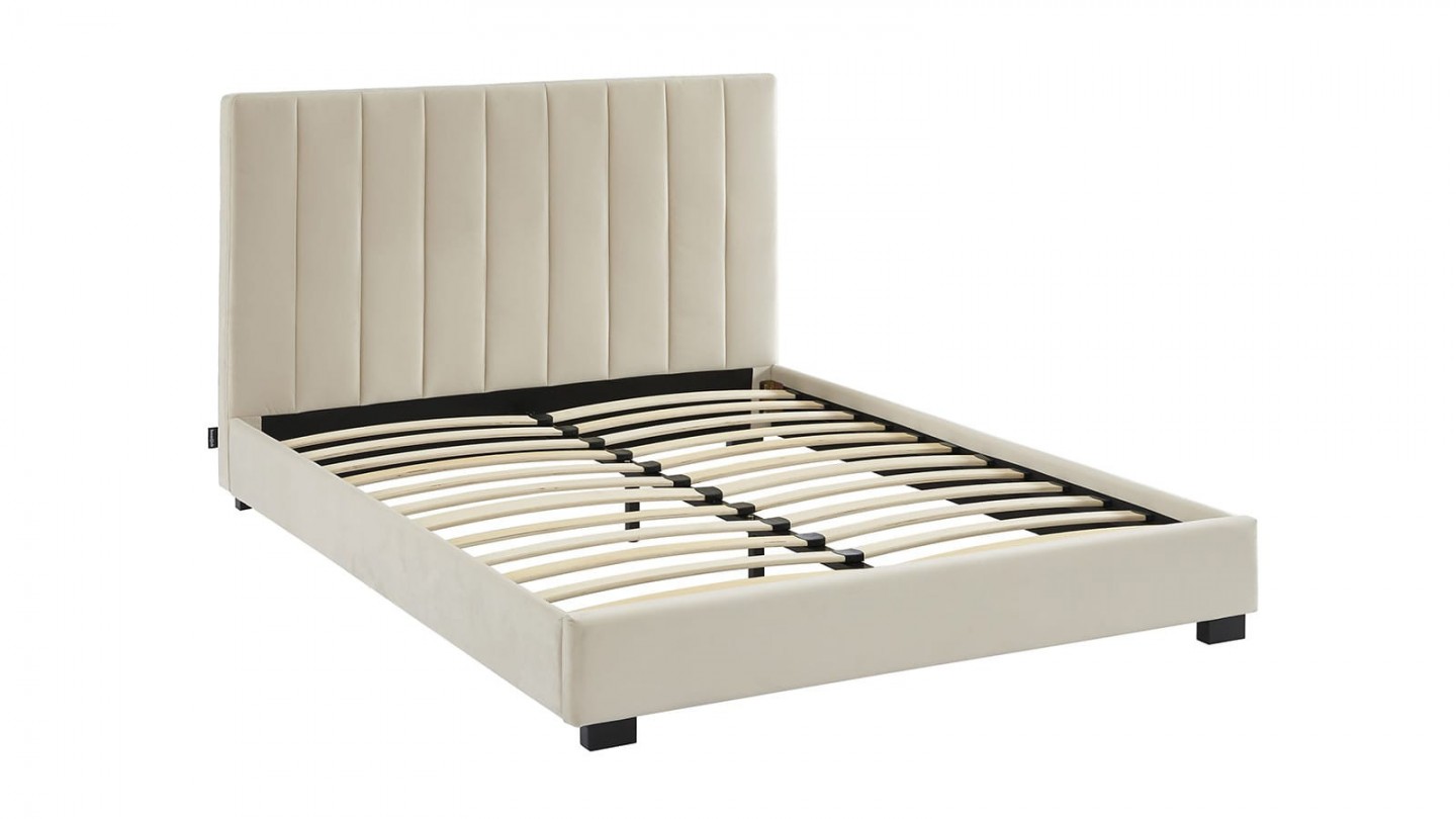 Ensemble lit 140x190 en velours beige William + Matelas Hybride à ressorts ensachés et mémoire de forme - Spring Elite