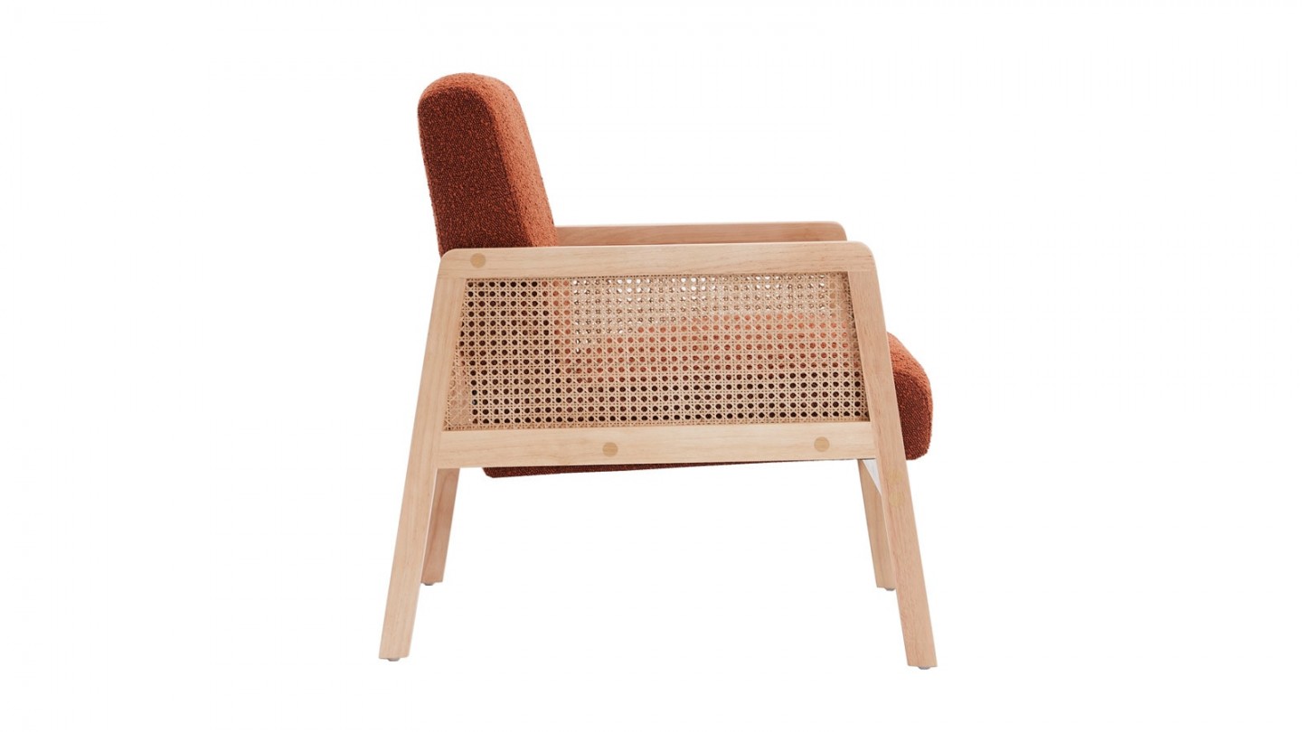 Fauteuil en cannage et tissu bouclé rouille - Mani