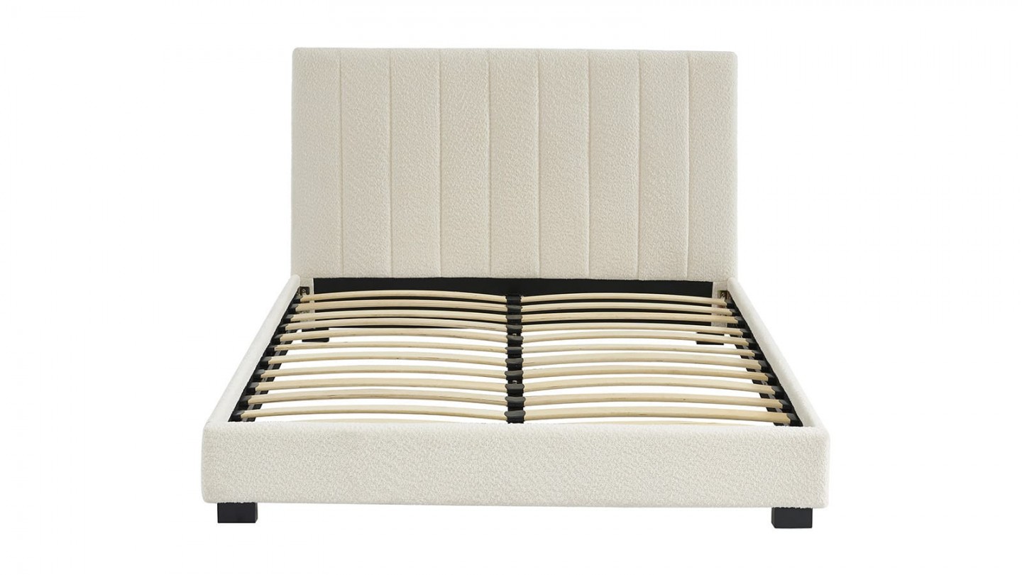 Ensemble lit 140x190 en tissu bouclé écru - William + Matelas Hybride à ressorts ensachés et mémoire de forme - Spring Elite