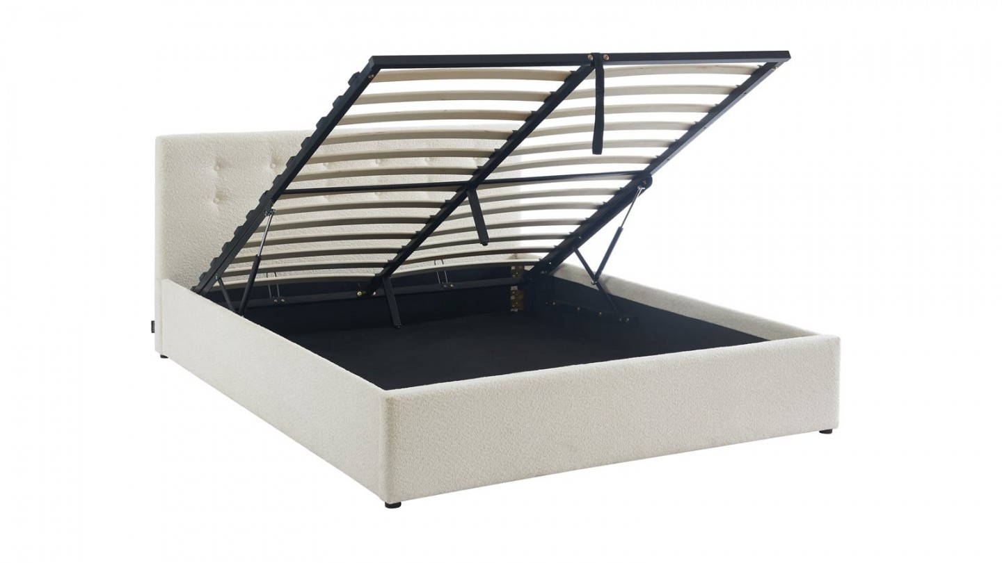 Ensemble lit coffre 140x190 en tissu bouclé écru Tina + Matelas Hybride à ressorts ensachés et mémoire de forme - Spring Elite