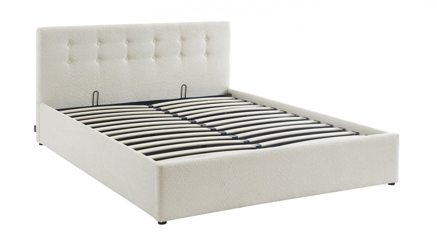 Ensemble lit coffre 140x190 en tissu bouclé écru Tina + Matelas Hybride à ressorts ensachés et mémoire de forme - Spring Elite