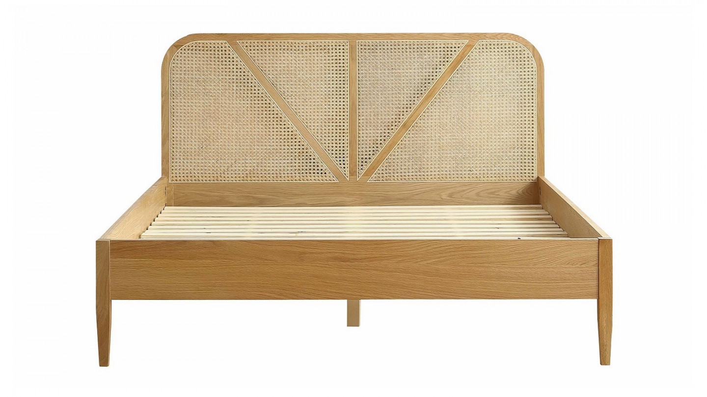 Ensemble lit 140x190 en bois et cannage Leonie + Matelas Hybride à ressorts ensachés et mémoire de forme - Spring Elite