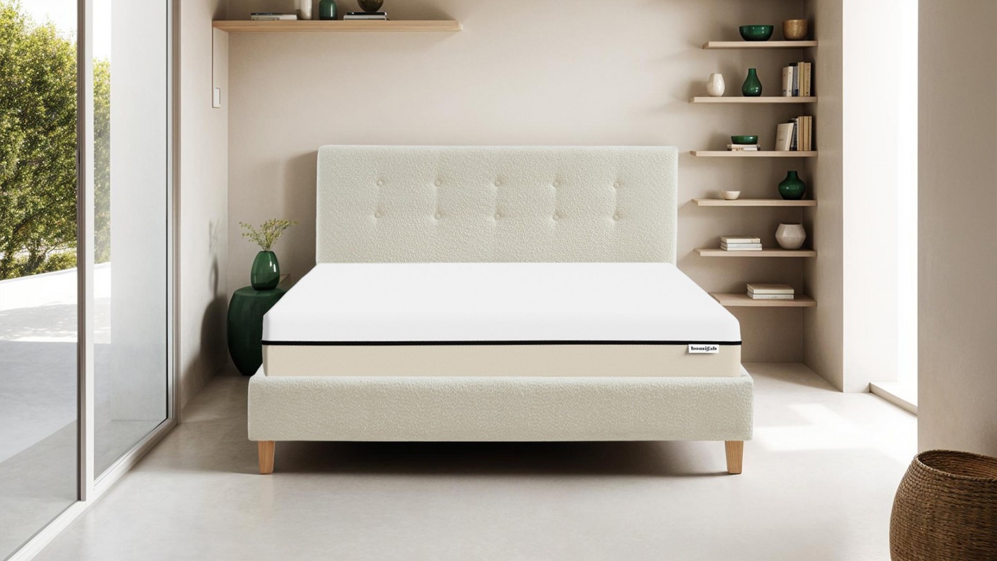 Ensemble lit 140x190 en tissu bouclé écru Milo + Matelas Hybride à ressorts ensachés et mémoire de forme - Spring Elite