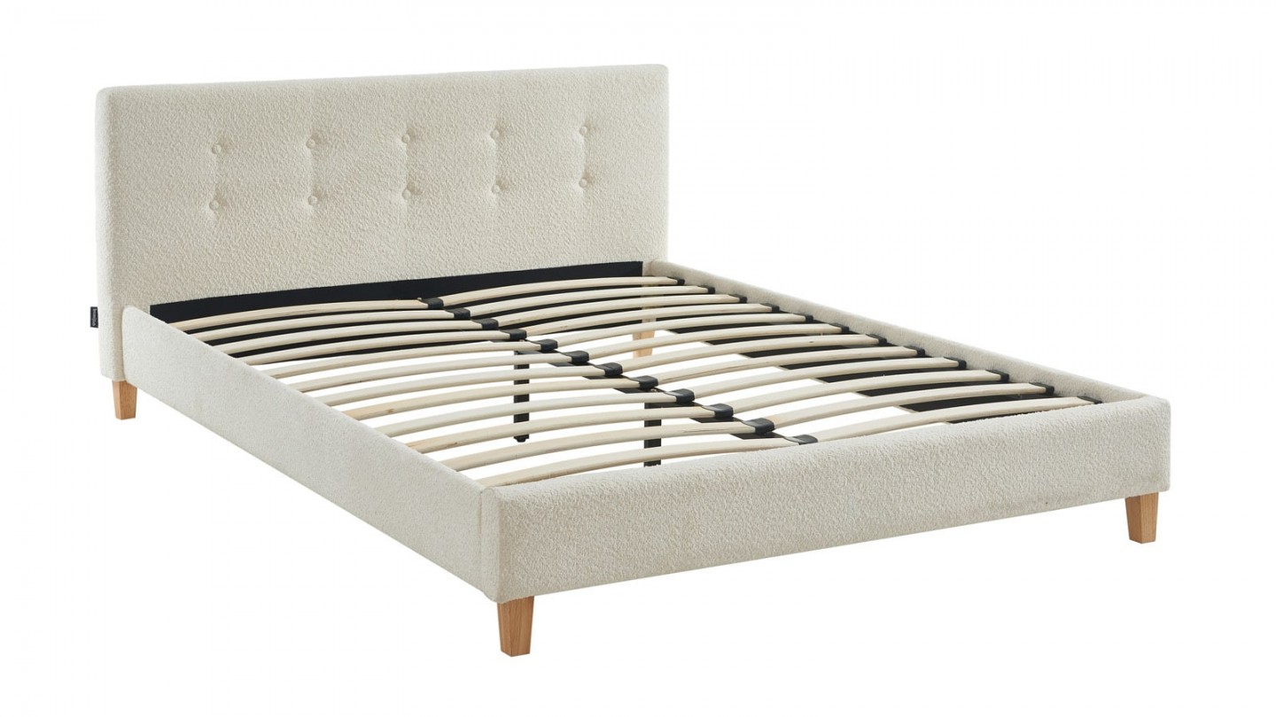 Ensemble lit 140x190 en tissu bouclé écru Milo + Matelas Hybride à ressorts ensachés et mémoire de forme - Spring Elite