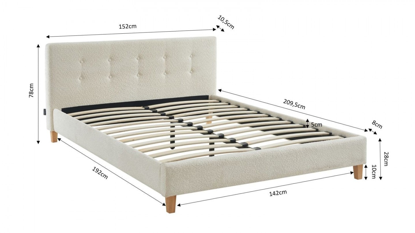 Ensemble lit 140x190 en tissu bouclé écru Milo + Matelas Hybride à ressorts ensachés et mémoire de forme - Spring Elite