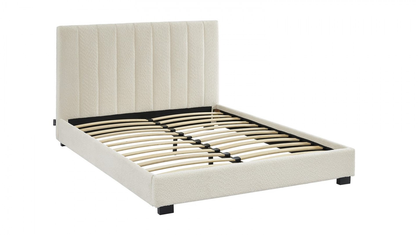 Ensemble lit 160x200 en tissu bouclé écru William + Matelas Hybride à ressorts ensachés et mémoire de forme - Spring Elite