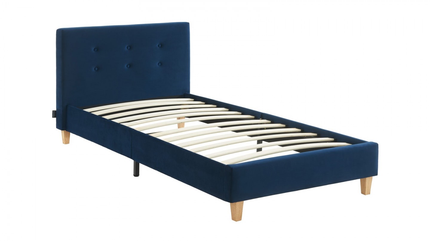 Ensemble lit 90x190 en velours bleu foncé Milo + Matelas mousse gel à mémoire de forme, double confort - Dual Confort