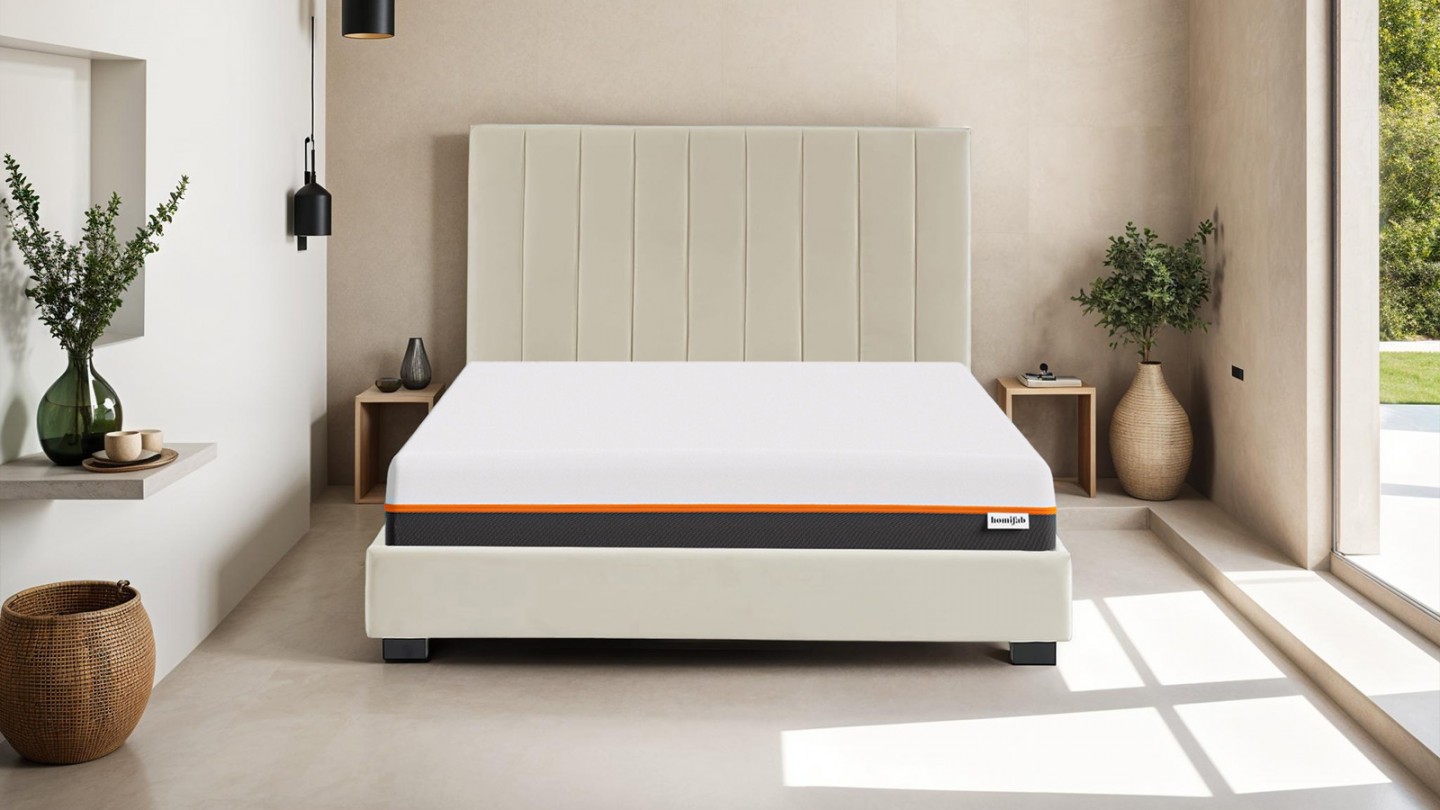 Ensemble lit 140x190 en velours beige William + Matelas mousse gel à mémoire de forme, double confort - Dual Confort