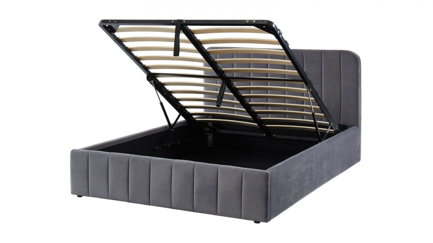 Ensemble lit coffre 140x190 en velours gris anthracite Ava + Matelas mousse gel mémoire de forme, double confort - Dual Confort