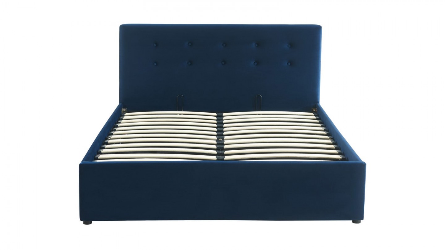 Ensemble lit coffre 140x190 en velours bleu foncé Tina + Matelas mousse gel à mémoire de forme, double confort - Dual Confort