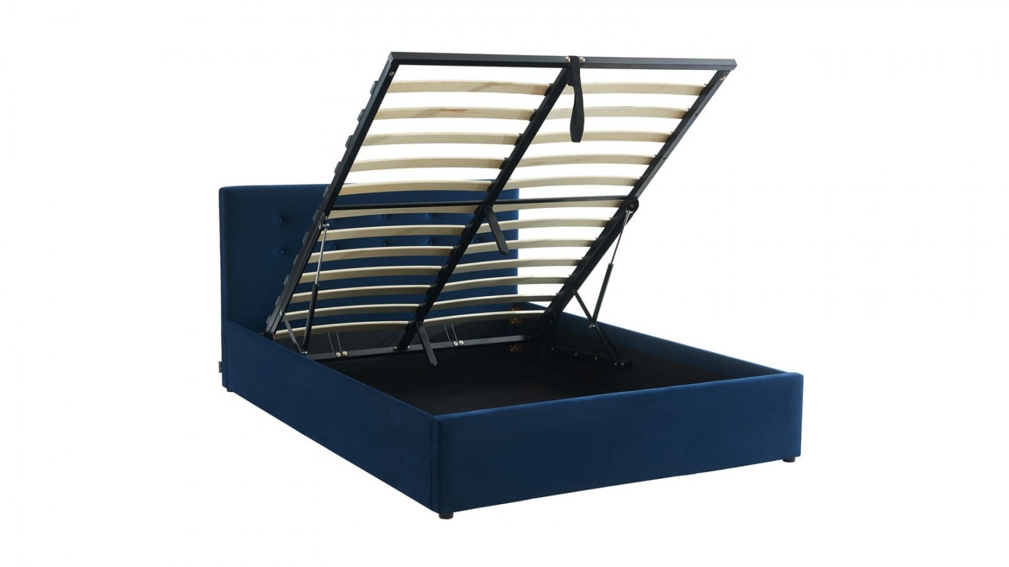 Ensemble lit coffre 140x190 en velours bleu foncé Tina + Matelas mousse gel à mémoire de forme, double confort - Dual Confort