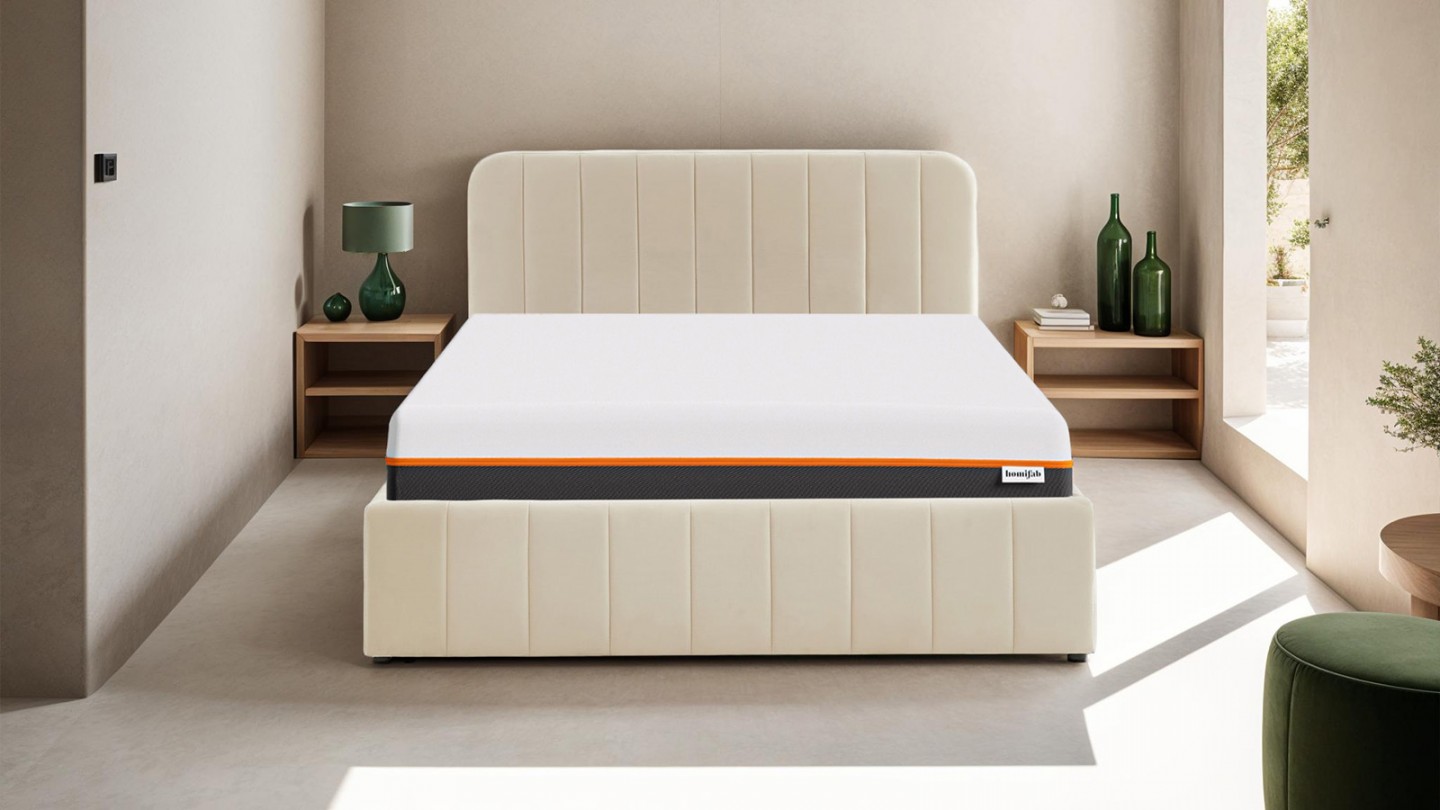 Ensemble lit coffre 140x190 en velours beige Ava + Matelas mousse gel à mémoire de forme, double confort - Dual Confort