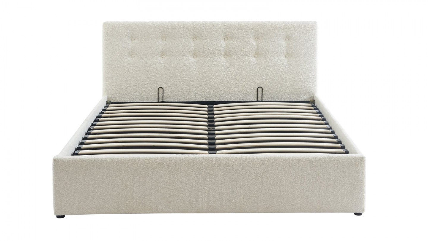 Ensemble lit coffre 140x190 en tissu bouclé écru Tina + Matelas mousse gel à mémoire de forme, double confort - Dual Confort