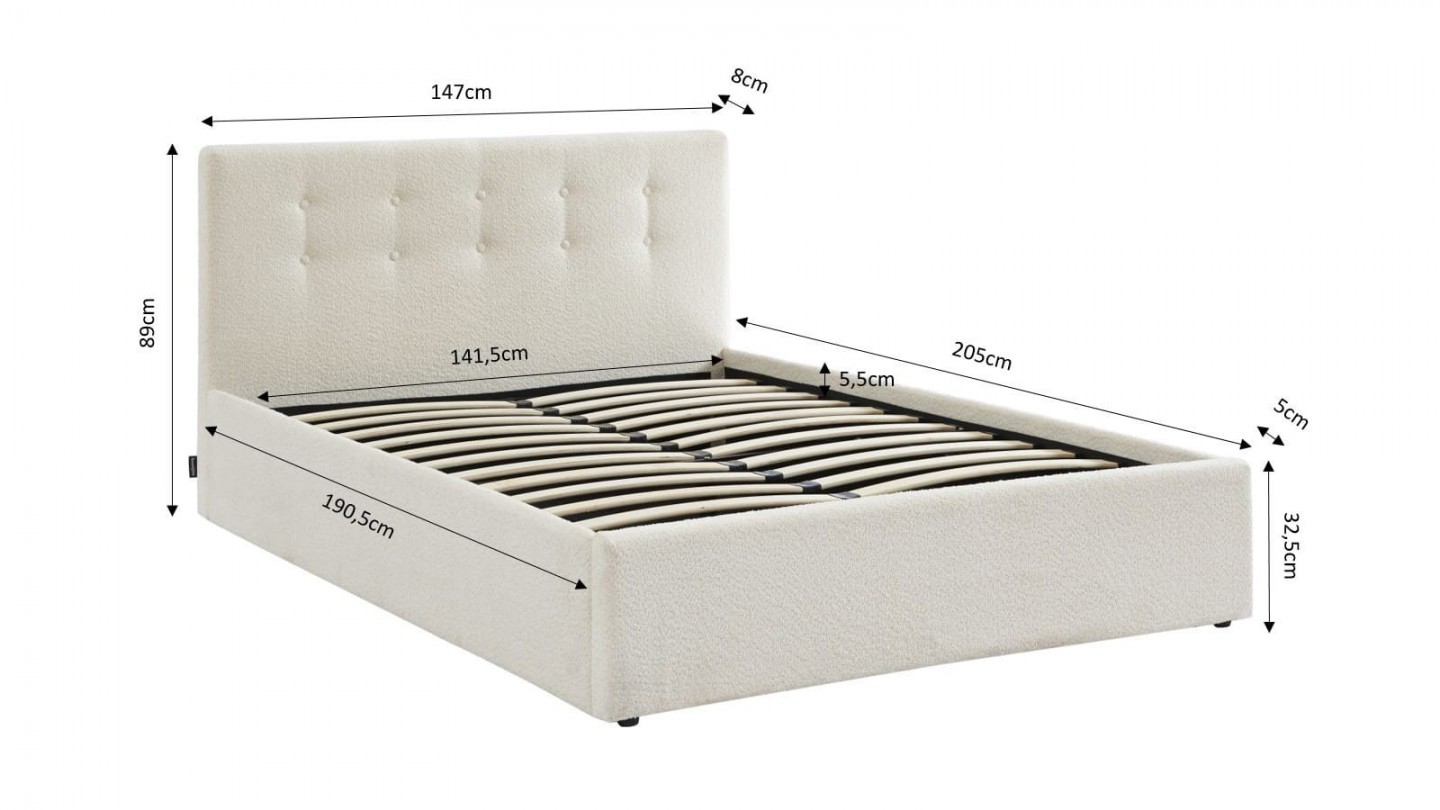 Ensemble lit coffre 140x190 en tissu bouclé écru Tina + Matelas mousse gel à mémoire de forme, double confort - Dual Confort