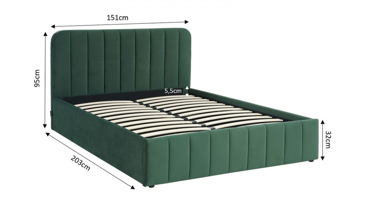 Ensemble lit coffre 140x190 en velours vert Ava + Matelas mousse gel à mémoire de forme, double confort - Dual Confort