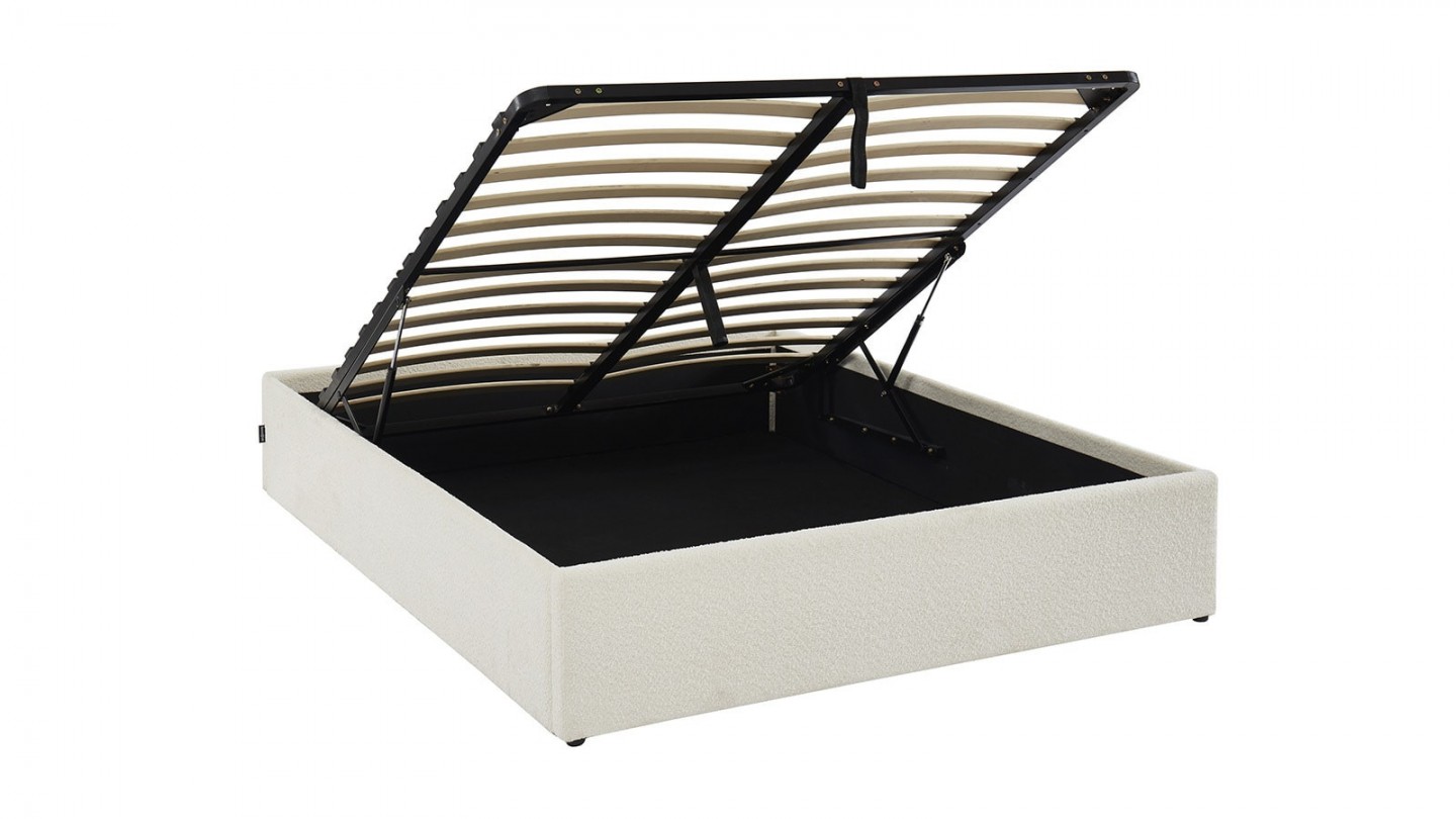 Ensemble lit coffre 140x190 en tissu bouclé écru Handy + Matelas mousse gel à mémoire de forme, double confort - Dual Confort