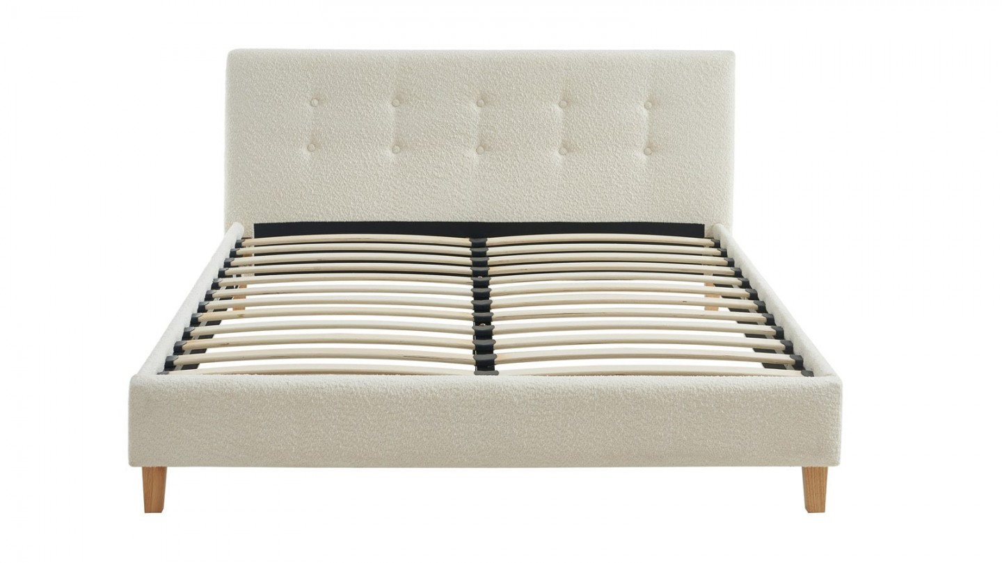 Ensemble lit 140x190 en tissu bouclé écru Milo + Matelas mousse gel à mémoire de forme, double confort - Dual Confort