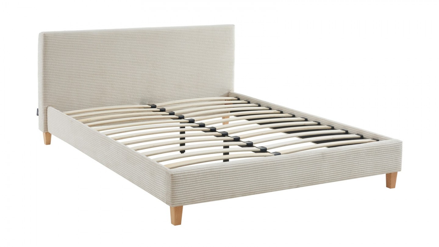 Ensemble lit 140x190 en velours côtelé beige Milo + Matelas mousse gel à mémoire de forme, double confort - Dual Confort