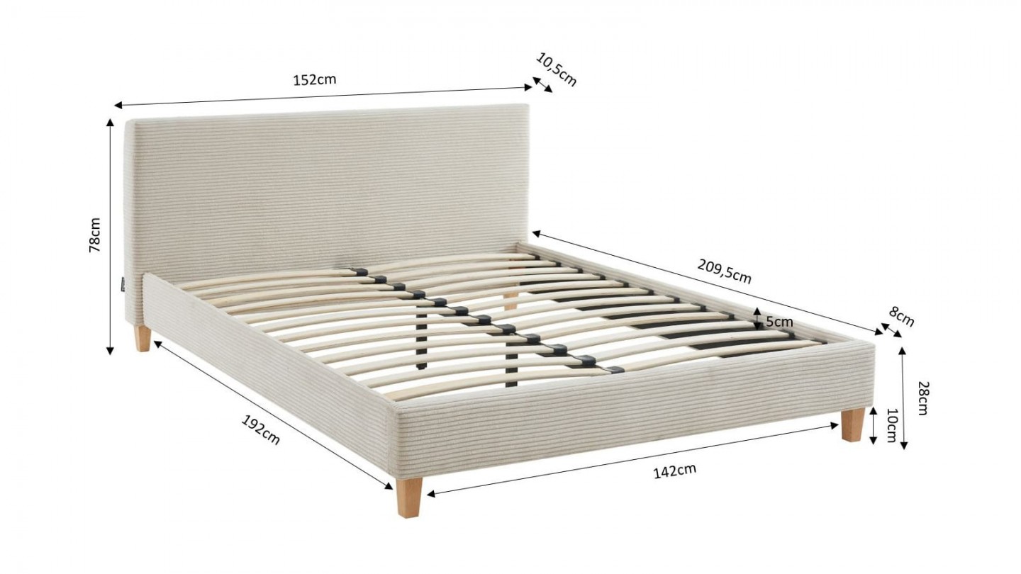 Ensemble lit 140x190 en velours côtelé beige Milo + Matelas mousse gel à mémoire de forme, double confort - Dual Confort