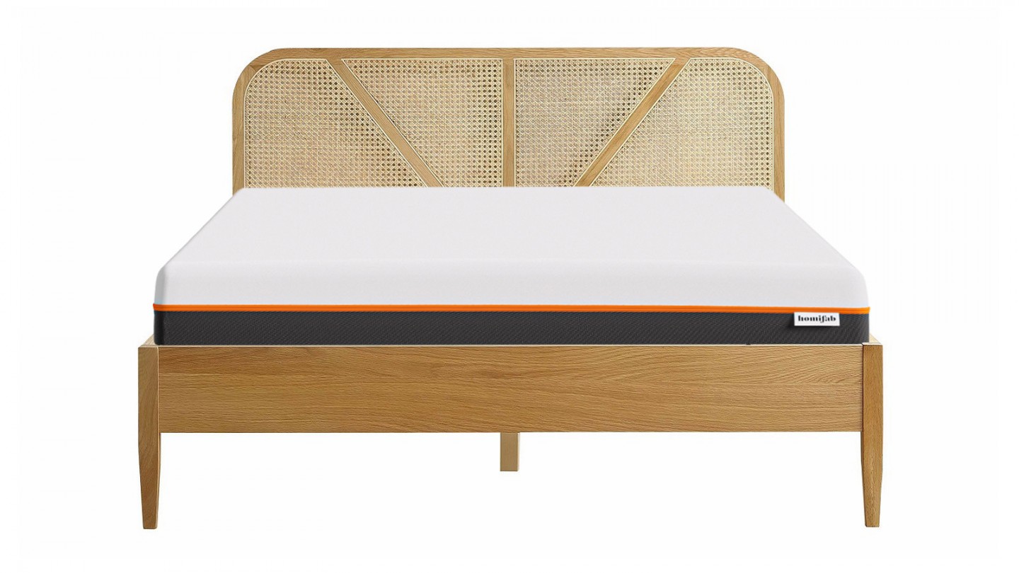 Ensemble lit 160x200 en bois et cannage Leonie + Matelas mousse gel à mémoire de forme, double confort - Dual Confort